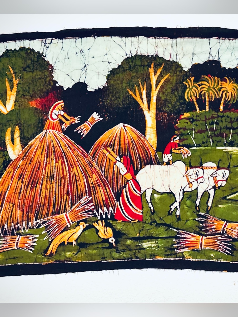 Vintage India Folk Art Village Scene Hand Painted Batik Unframed Fabric Textile